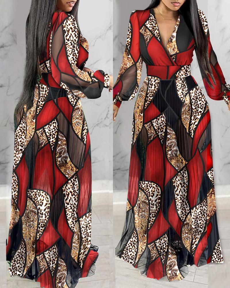 

Vestido longo de malha transparente com estampa de leopardo e manga lanterna, decote em V, elegante vestido de noite, Red