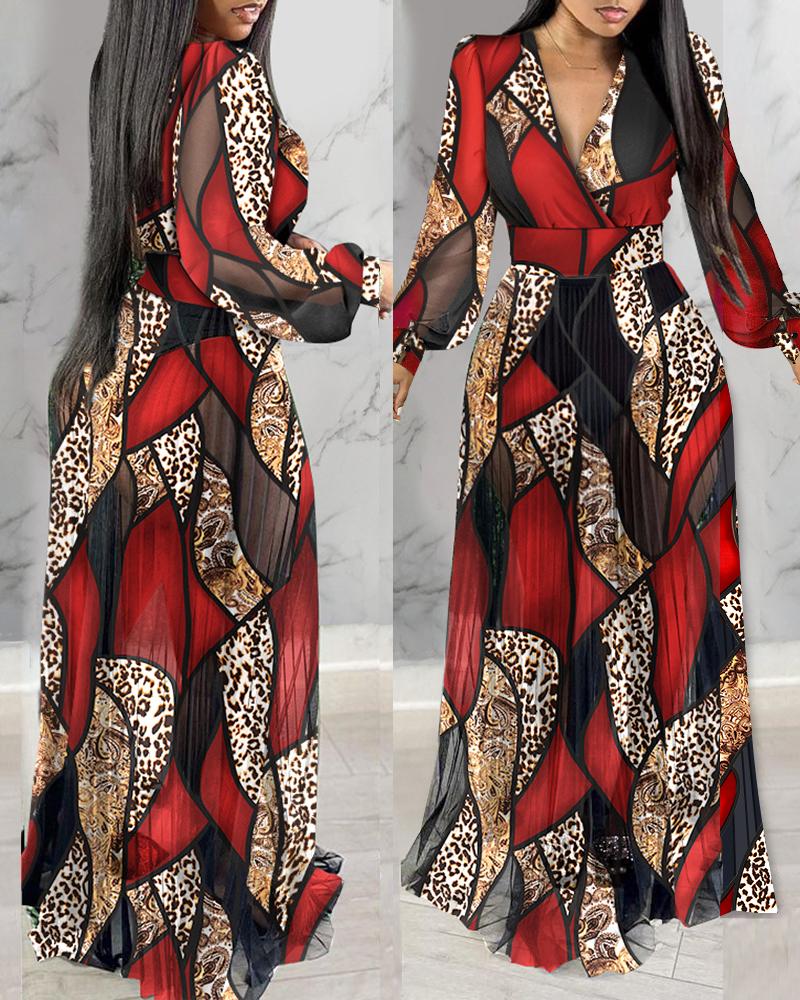 

Leopard Print Lantern Sleeve Sheer V-Neck Sheer Mesh Maxi Dress Elegant Evening Dress, Red