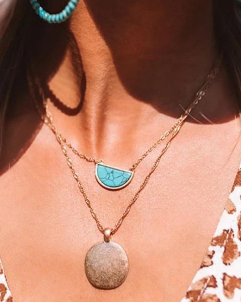 

1pcs Bohemian Multi-layer Turquoise Disc Pendant Necklace, Gold