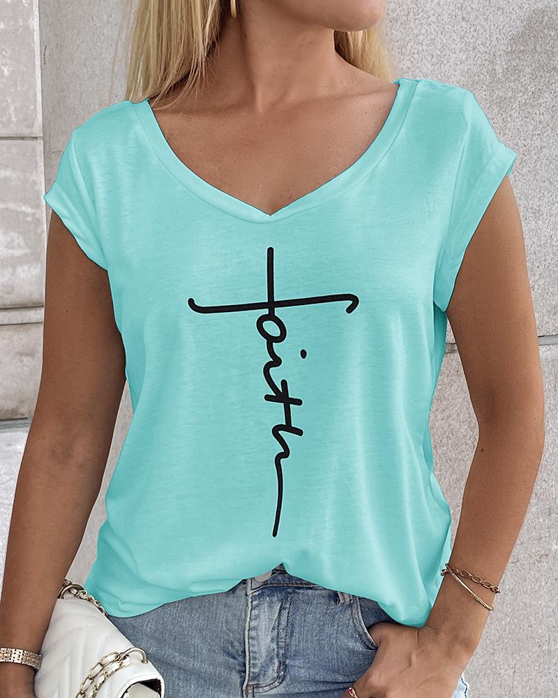 

Faith Print V-Neck Cap Sleeve T-shirt, Turquoise blue
