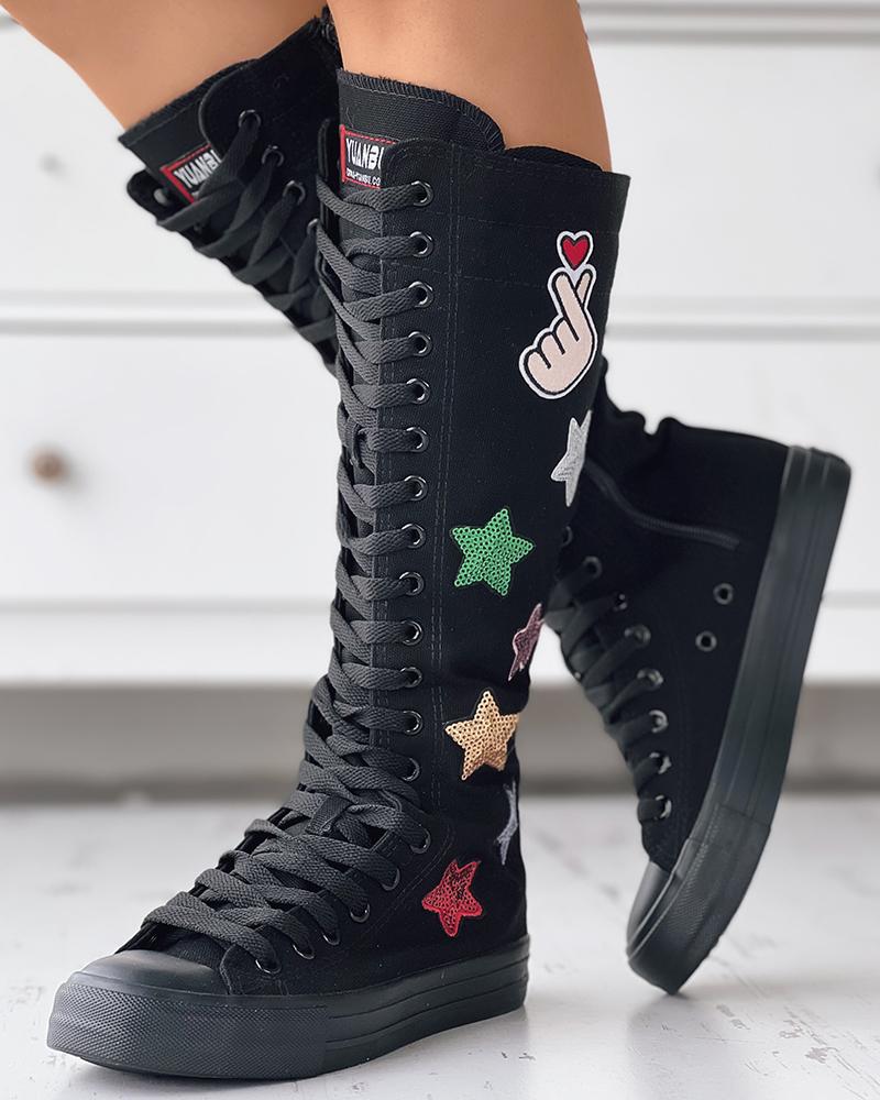 

Sequin Star Pattern Lace-up Canvas Boots, Black