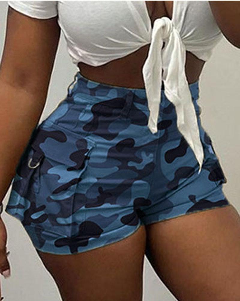 

Camouflage Print Pocket Design High Waist Shorts, Blue