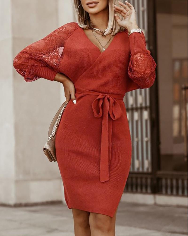 

Cochet Lace Sleeve Tied Detail Slit Casual Dress, Red