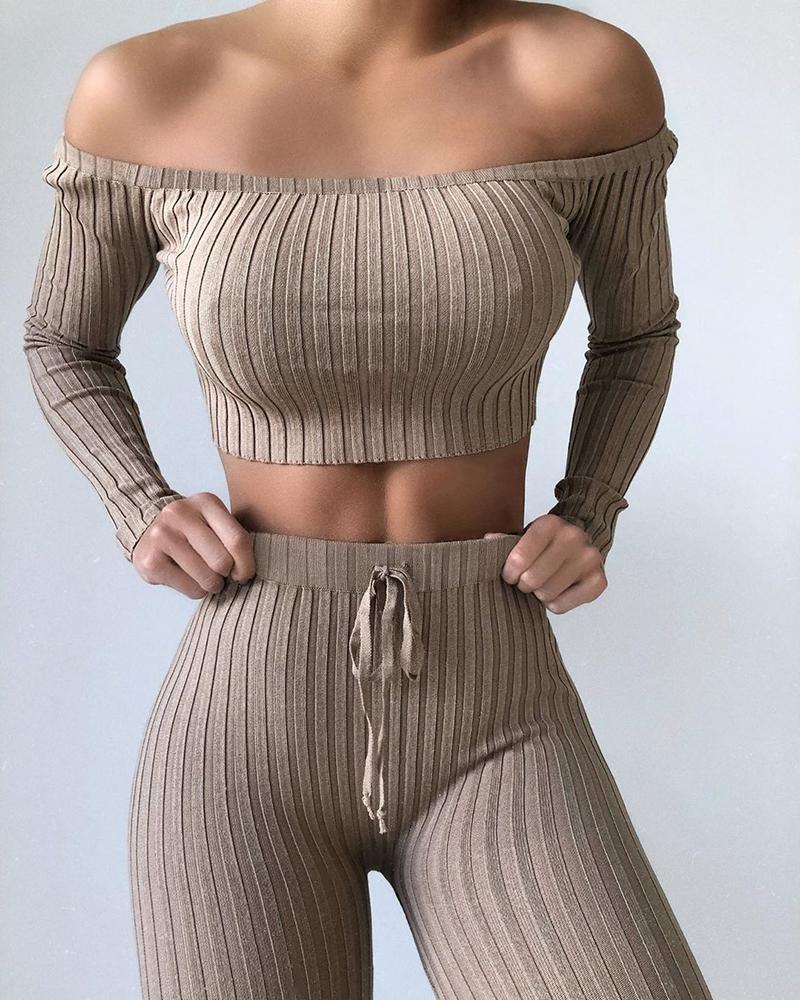 

Solid Ribbed Off Shoulder Top & Pant Set, Coffee