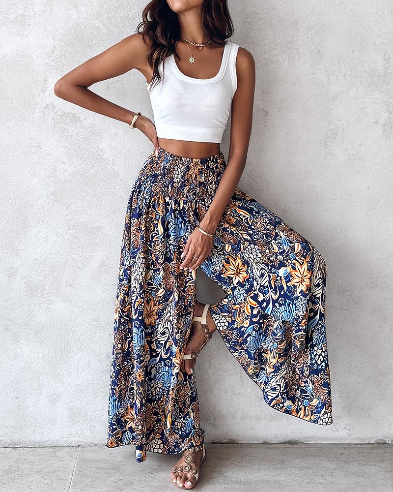 

Boho Floral Print Shirred High Waist Wide Leg Pants, Blue