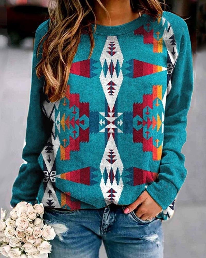 

Aztec Geometric Print Long Sleeve Top, Blue