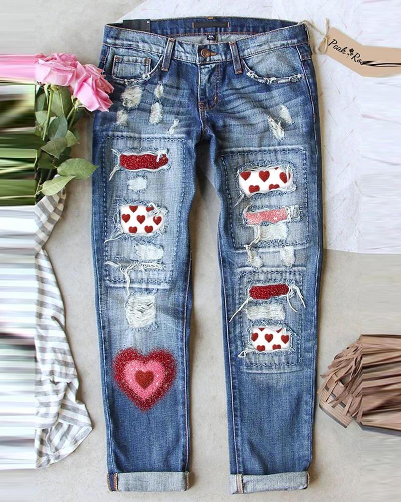 

Heart Print Patchwork Ripped Jeans, Blue