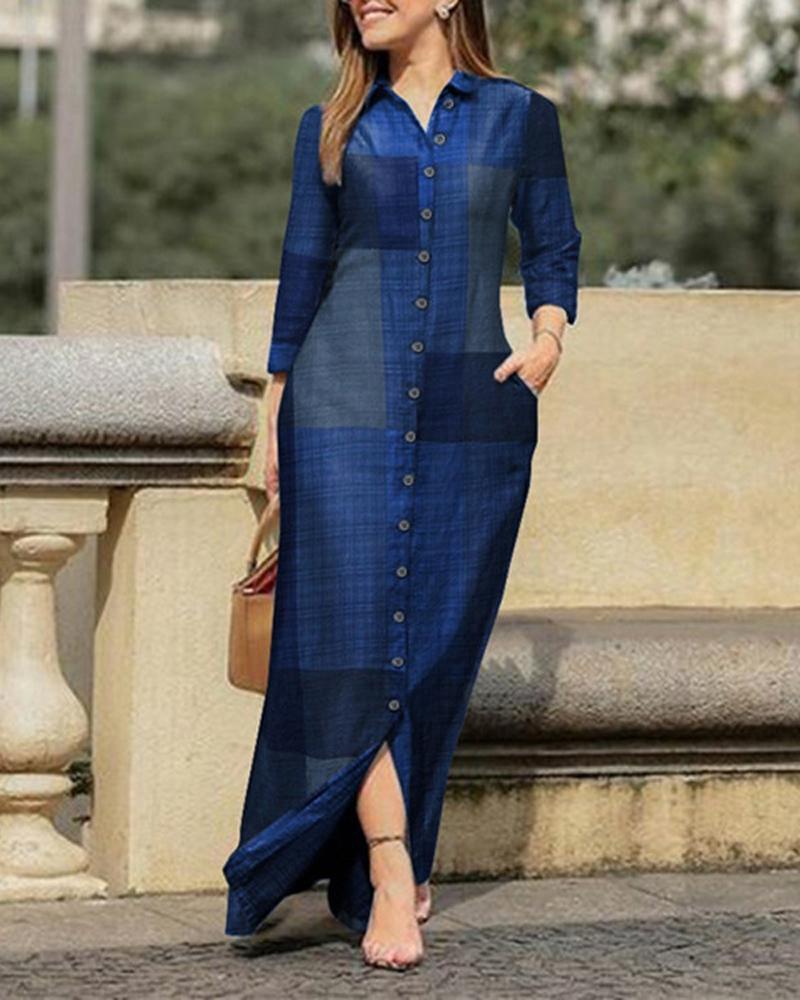 

Plaid Print Button Down Shirt Dress, Blue