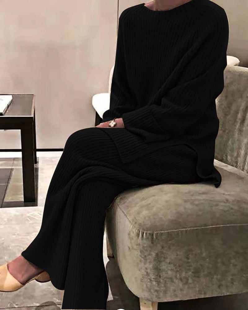

Long Sleeve Slit Knit Top & Pants Set, Black