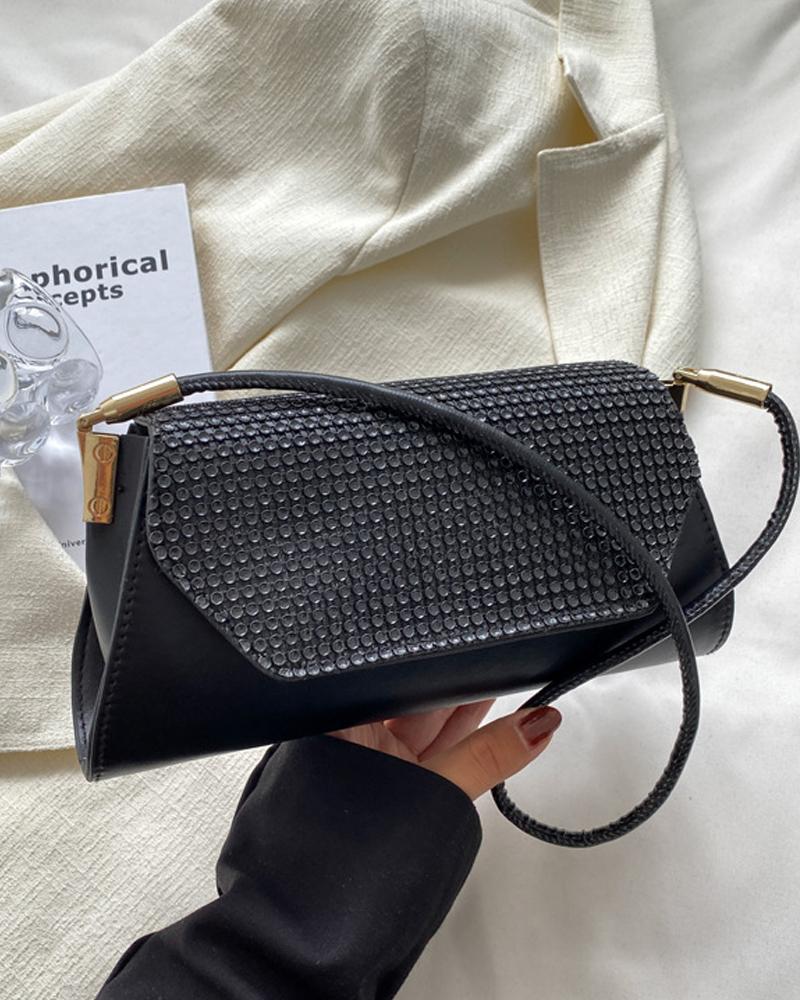 

Sparkling Rhinestone Decor Baguette Bag, Black