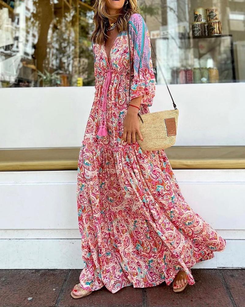 

Paisley Print Bell Sleeve Drawstring Maxi Dress, Pink