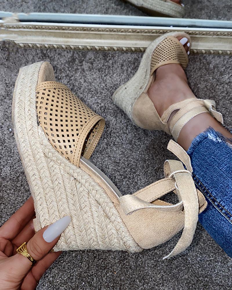 

Round-toe Solid Color Strap Wedge Sandals, Beige