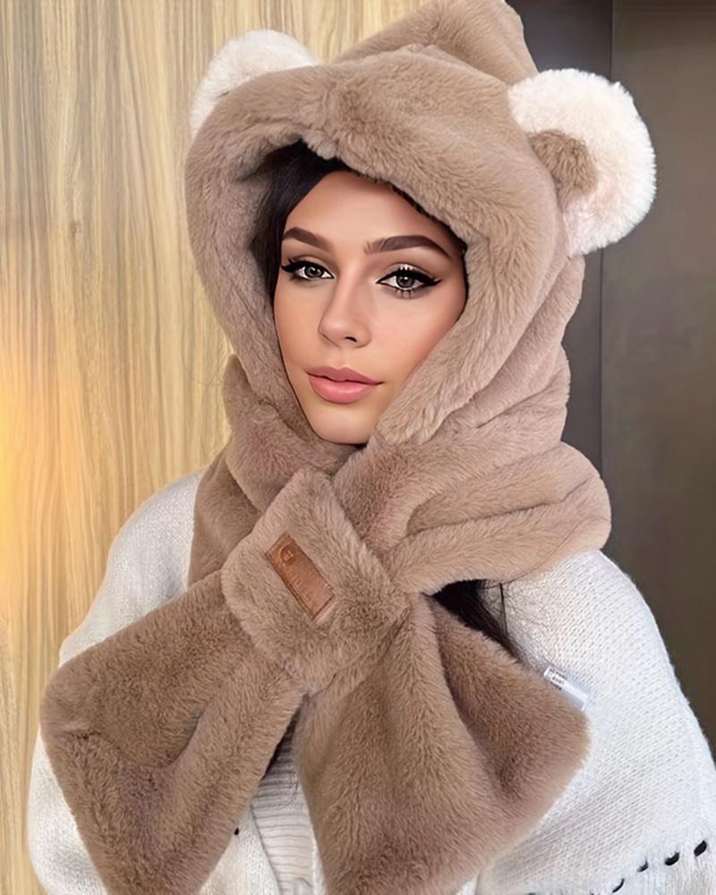 

Fuzzy Winter Thermal Earmuffs One-Piece Scarf Hat With Bear Ears, Khaki