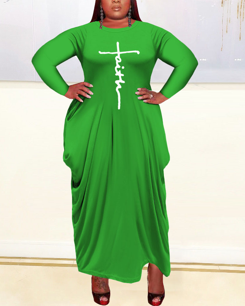 

Plus Size Letter Print Long Sleeve Maxi Dress, Green