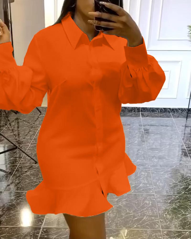 

Plus Size Ruffle Hem Lantern Sleeve Shirt Dress, Orange