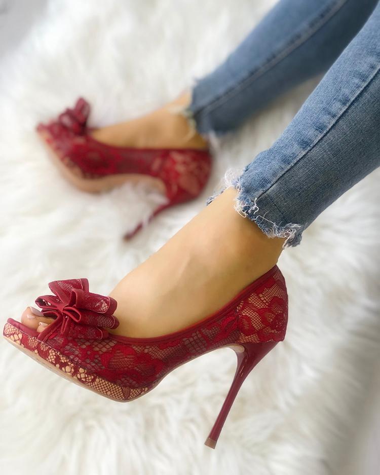 

Bowknot Peep Toe Lace Thin Heeled Sandals, Red