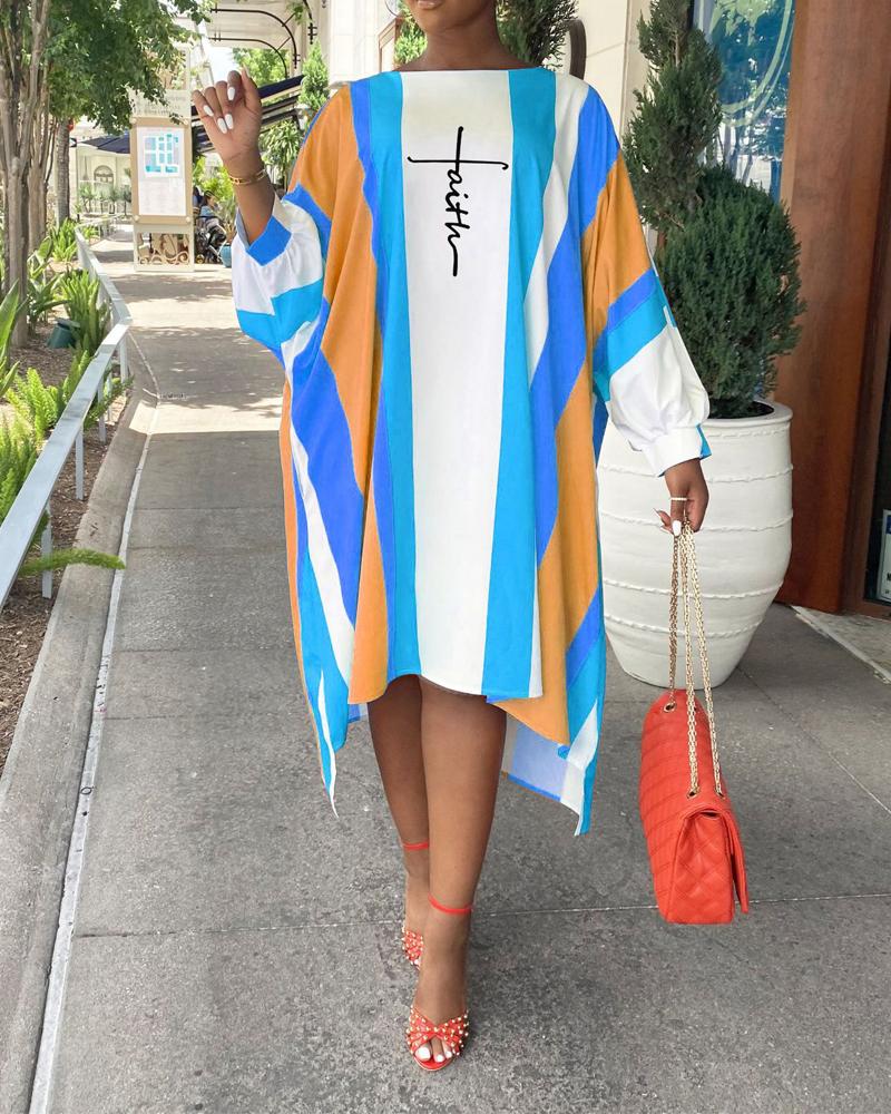 

Letter Print Colorblock Lantern Sleeve Casual Dress, Blue