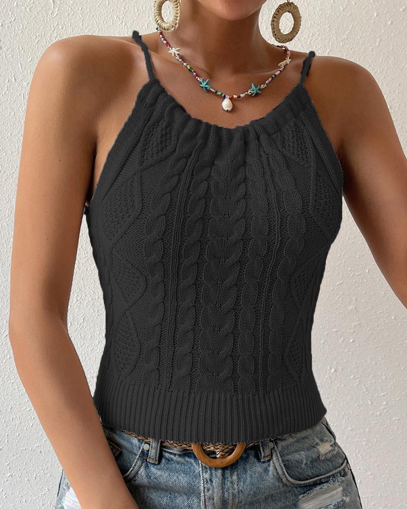 

Drawstring Spaghetti Strap Backless Cable Textured Tank, Black