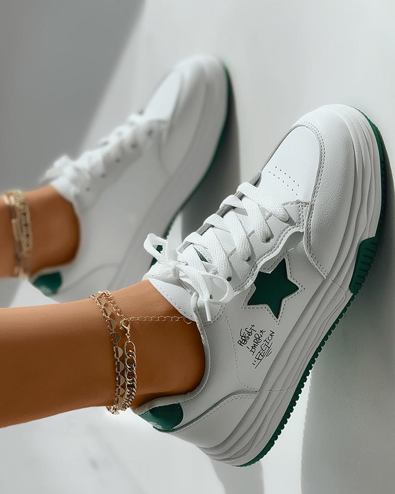 

Lace-up Front Star Letter Print Sneakers, Green