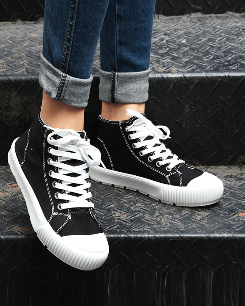 

Round-toe Solid Color Lace-up High-top Sneakers, Black