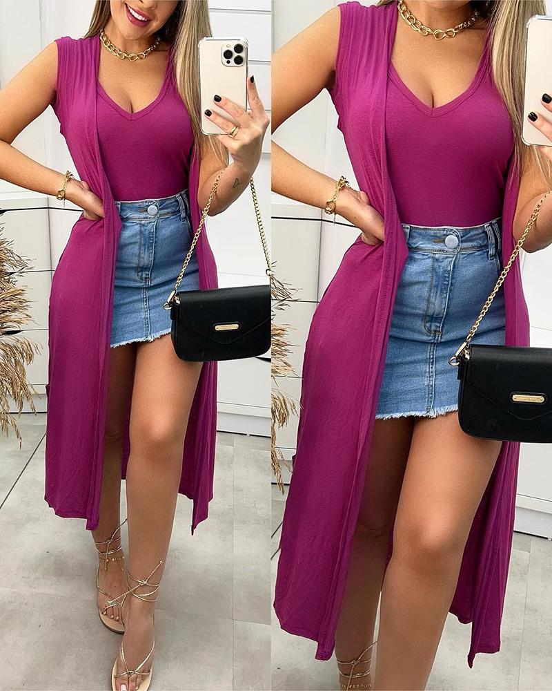 

V-Neck Top & Open Front Longline Cardigan Set, Purple