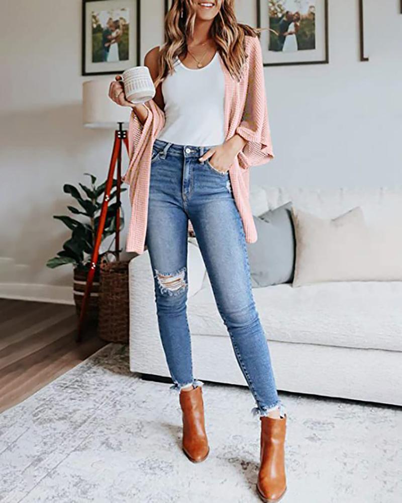 

Waffle Knit Casual Cardigan, Pink