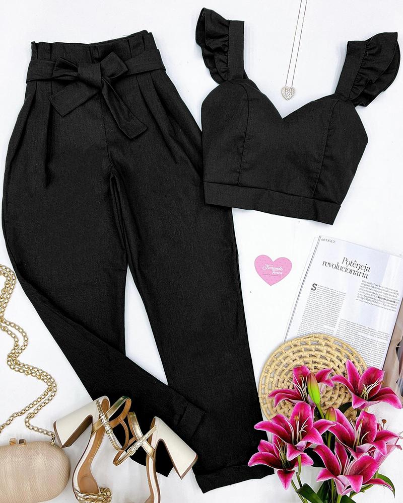 

Flutter Sleeve Crop Top & High Waist Pants Set, Black