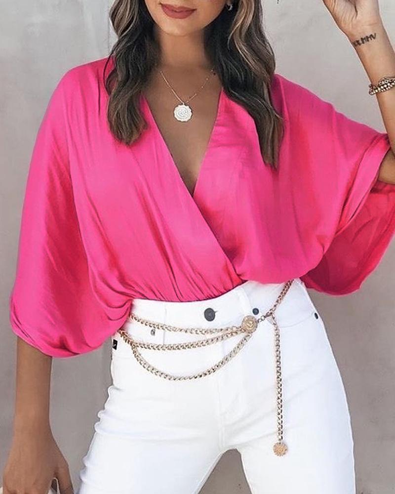 

Plain Batwing Sleeve V-Neck Top, Hot pink