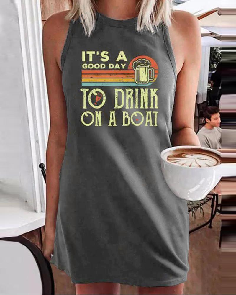 

It' A Good Day To Drink On A Boat Graphic Print Sleeveless Casual Dress, Dark grey