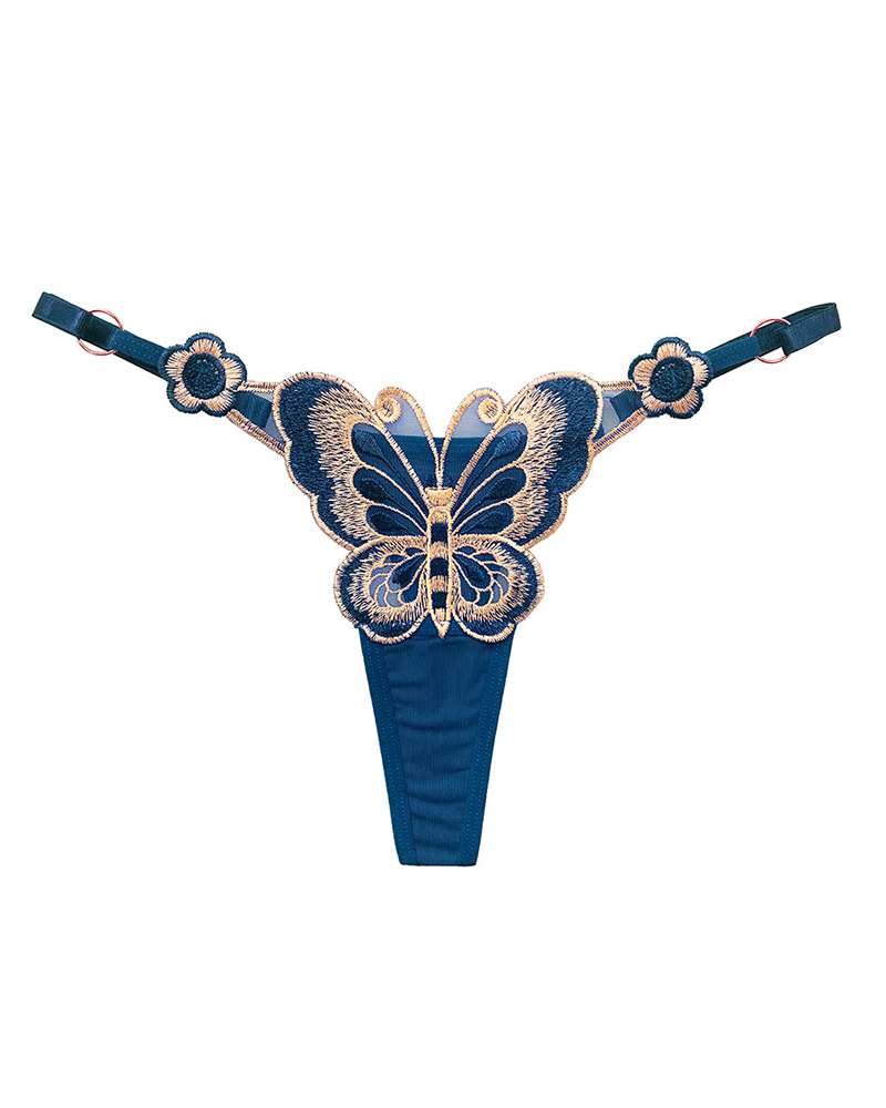 

Butterfly Embroidery Low Waist Thong Panty, Blue