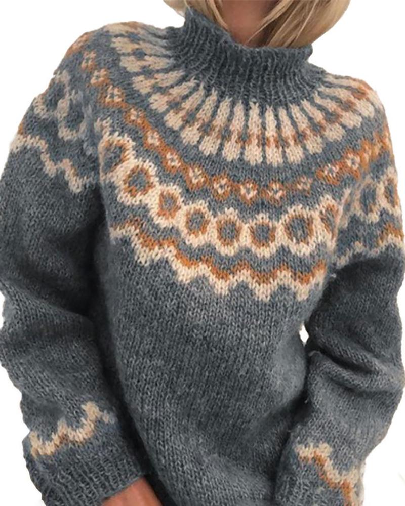 

Abstract Print Knit High Neck Long Sleeve Casual Sweater, Gray