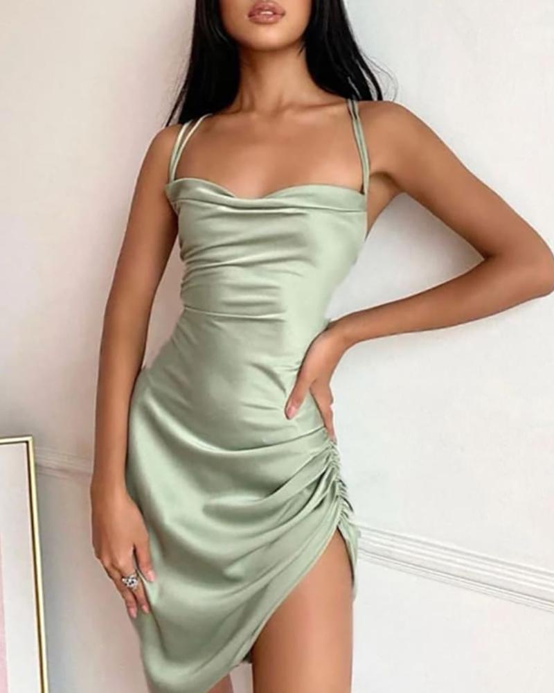 

Spaghetti Strap Ruched Square Neck Dress, Green