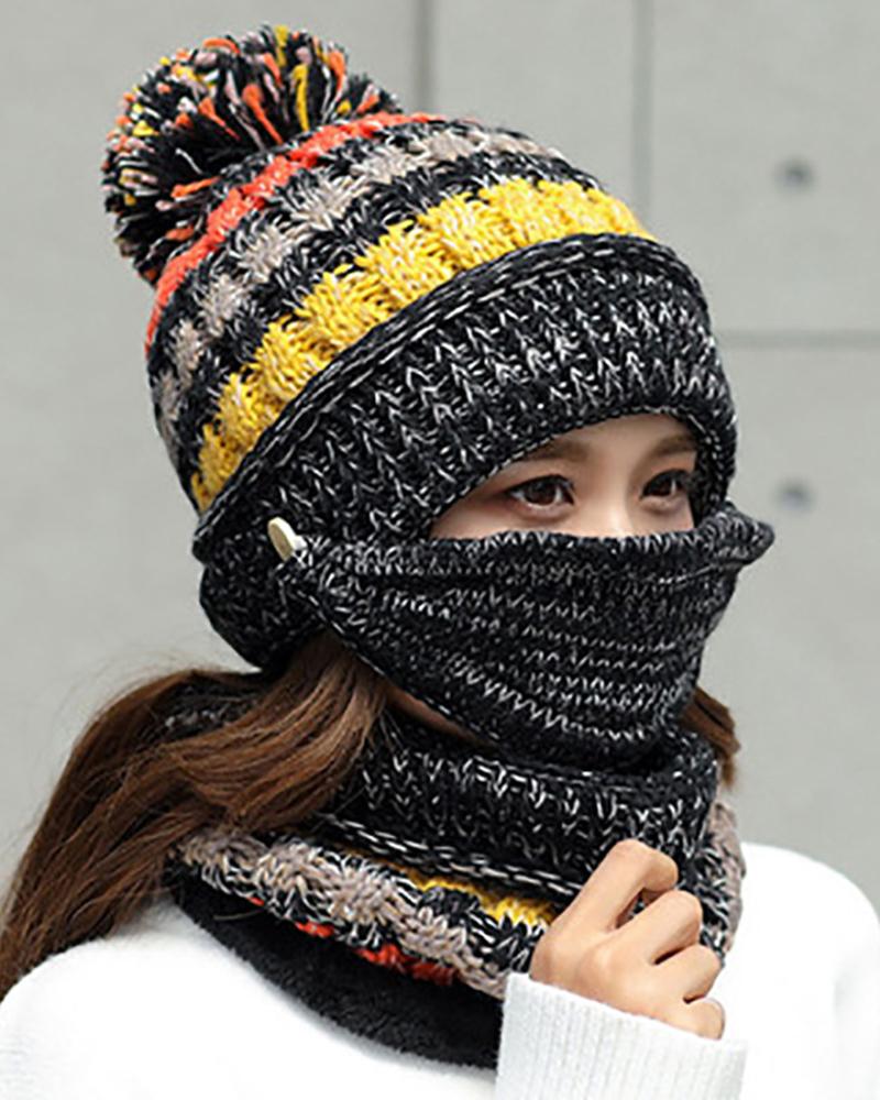 

Women Girls Knitted Hat scarf Mask Set Winter Fleece Lined Beanie Knit Ear Flaps Hat With Pom Pom, Black