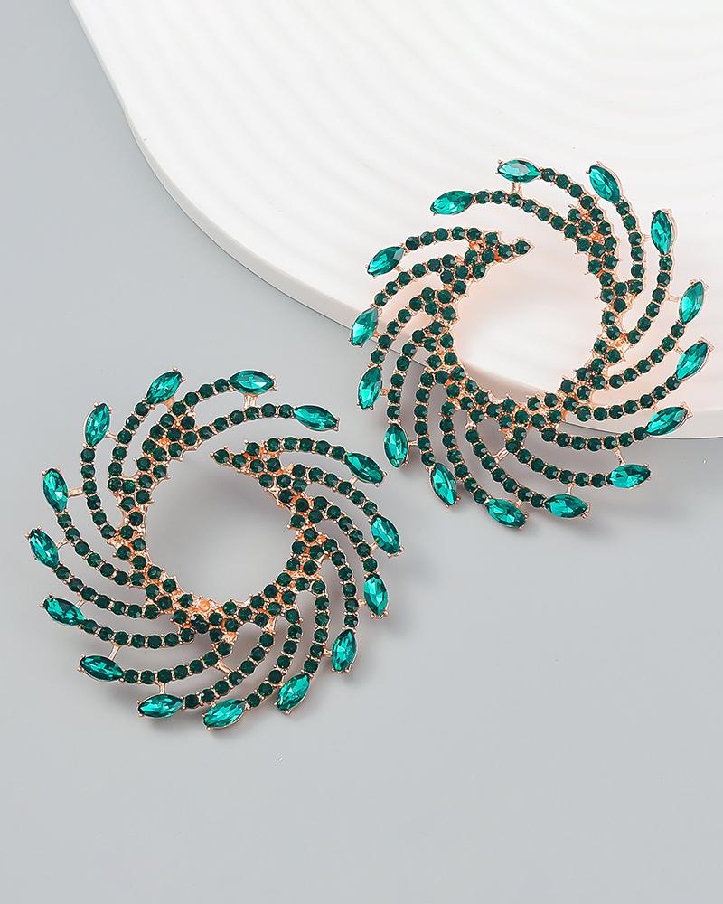 

1Pair Rhinestone Floral-Shape Personality Hoop Earrings Fashion Evening Jewelry, Green