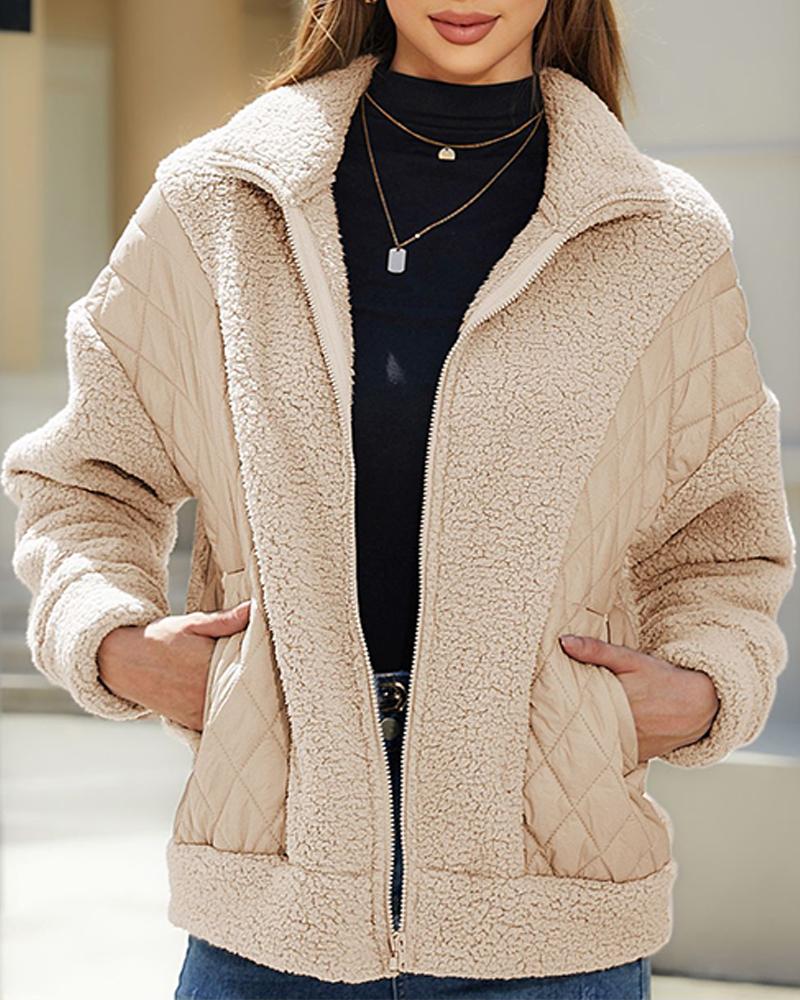 

Women' Pocket Design Patchwork Long Sleeve Fluffy Teddy Puffer Coat, Apricot