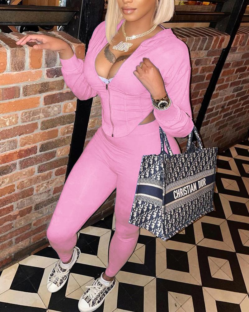 

Long Sleeve Hanky Hem Zip Up Hoodie & Pants Set, Pink