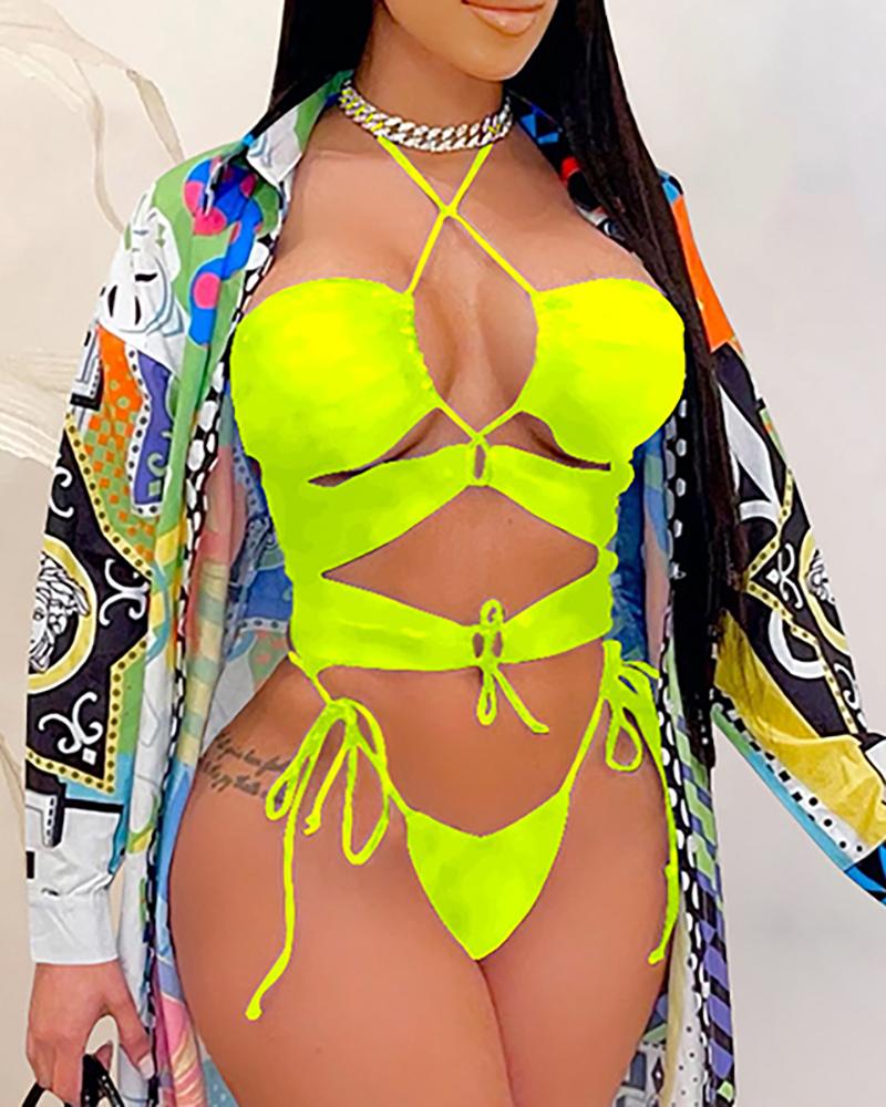 

Halter Tied Detail Cutout Bikini Set With Graphic Print Cover Up, Green