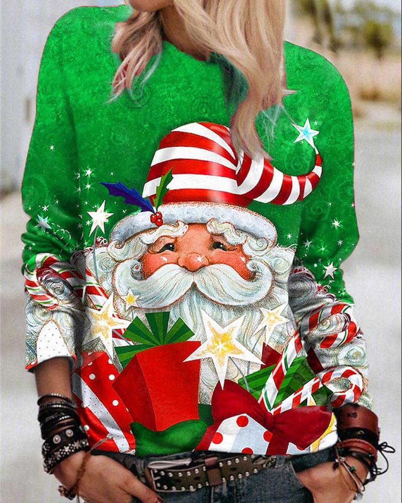 

Christmas Santa Claus Print Long Sleeve Top, Green