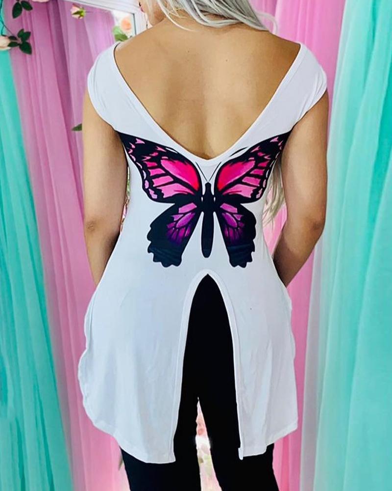 

Backless Butterfly Print Slit Asymmetrical T-shirt, White