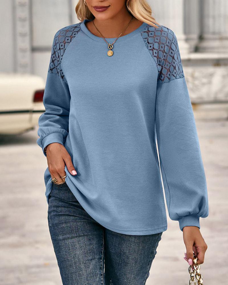 

Contrast Lace Long Sleeve Waffle Knit Top, Blue