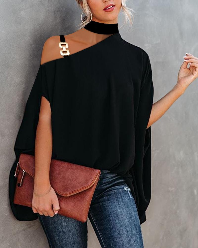 

Chain Strap Cold Shoulder Cape Design Top, Black