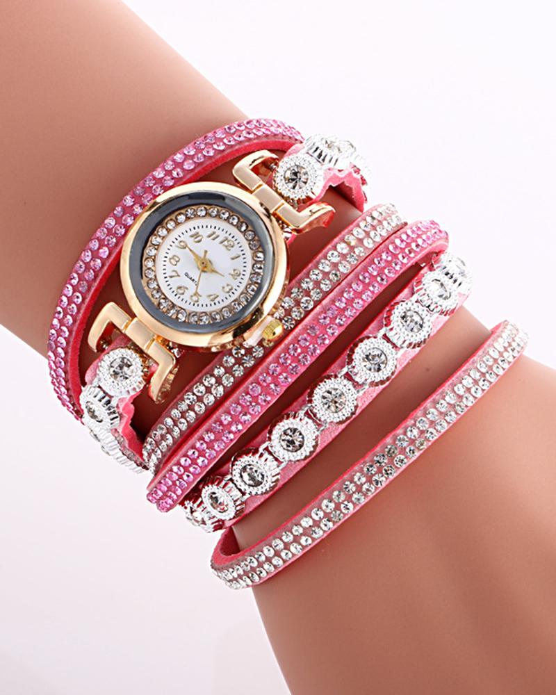 

1pc Allover Rhinestone Stackable Bangle Quartz Watch, Pink