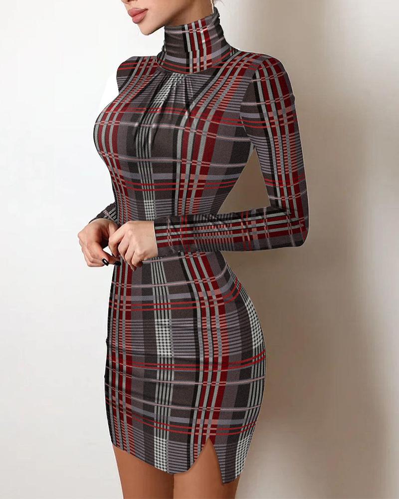 

Plaid Print Long Sleeve Bodycon Dress, Wine red