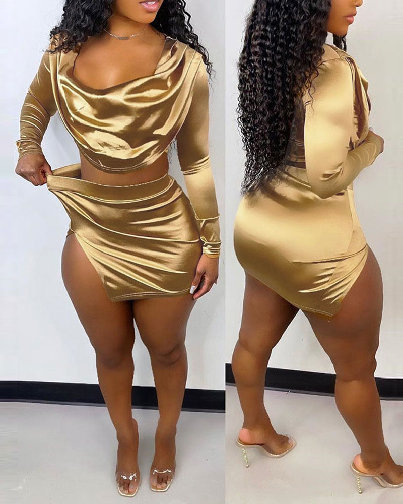 

Metallic Long Sleeve Crop Top & Slit Skirt Set, Gold