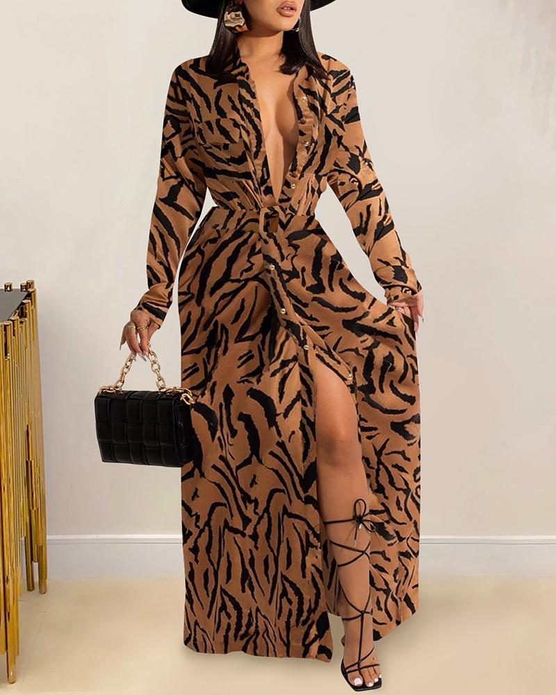 

Zebra Stripe Print Buttoned Long Sleeve Slit Maxi Dress, Brown