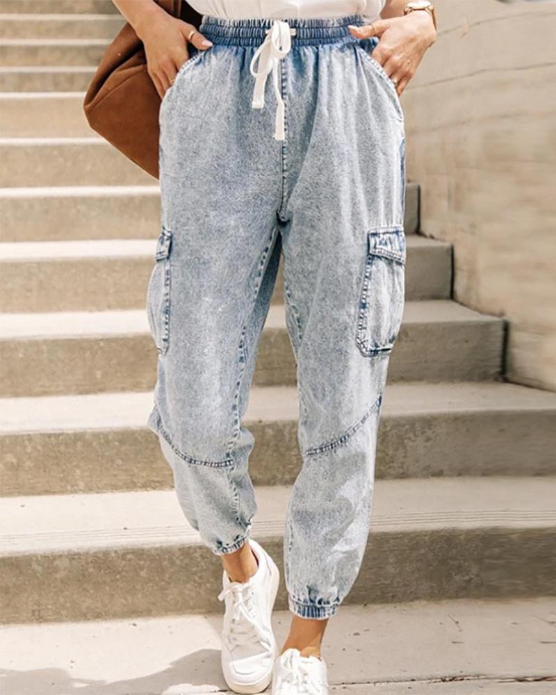 

Drawstring Pocket Design Cuffed Jeans, Blue