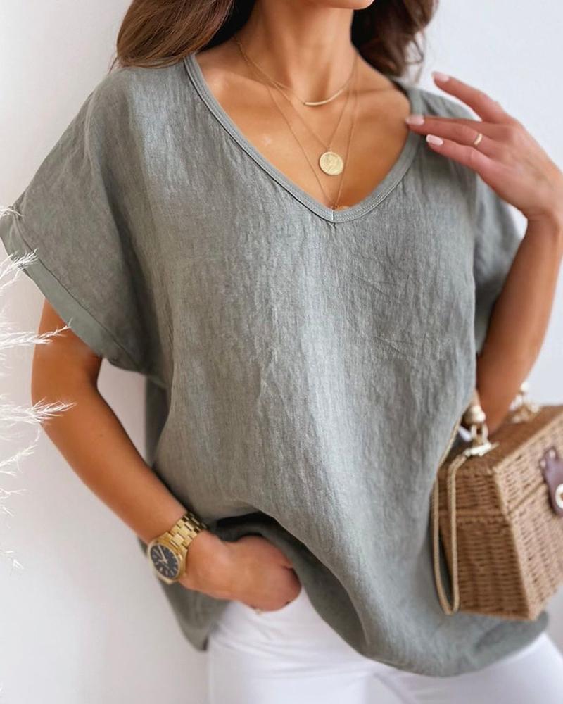 

V-Neck Short Sleeve Basic T-shirt, Gray