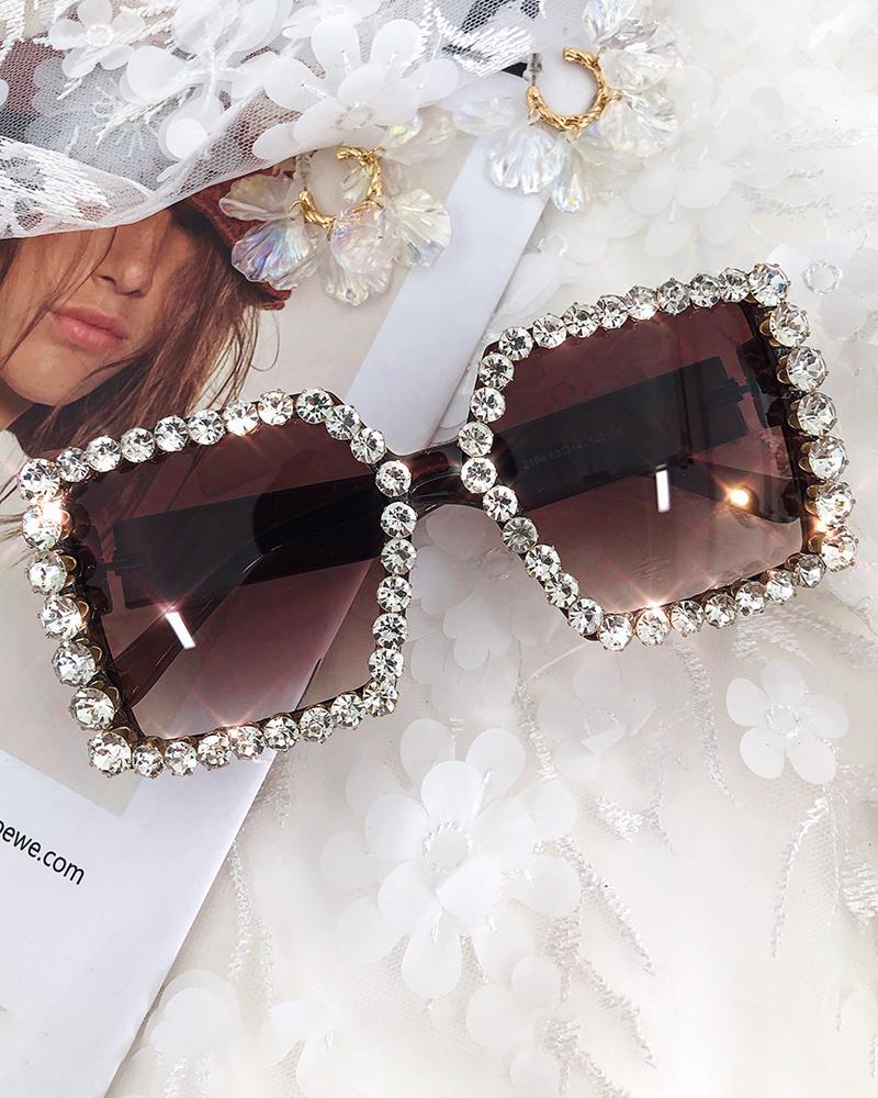 

1Pair Big Square Frame Rhinestone Sunglasses, Tan