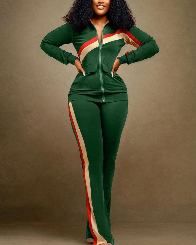 

Contrast Paneled Zip Up Top & Pants Set, Green