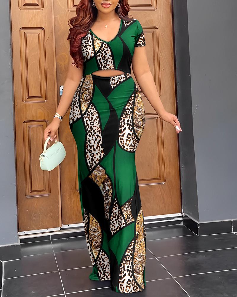 

Baroque Leopard Print Cutout Mermaid Maxi Dress, Green